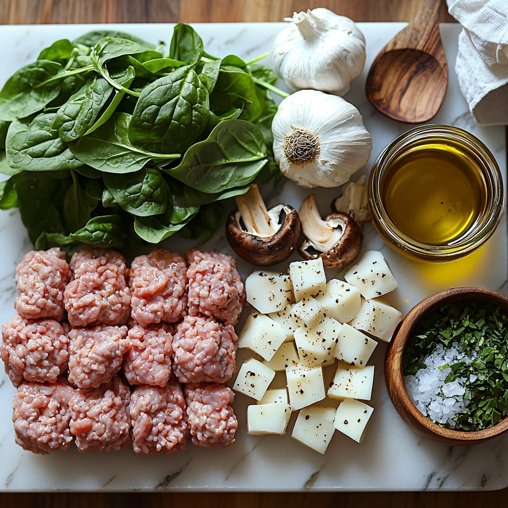 A clean white marble surface neatly arranged with the main ingredients for a Turkey Spinach Mushroom Skillet: a raw 1 lb portion of ground turkey with its pink, textured softness placed on a small wooden board; a bunch of fresh, deep green spinach leaves fanned out to the side; a cluster of sliced white and brown mushrooms showing their smooth, slightly glossy caps and creamy gills; a small glass bowl of diced white onion with translucent edges; two garlic cloves, one whole and one minced, with a slightly rough papery skin and fine chopped texture; a small ceramic ramekin filled with golden olive oil catching the light; scattered coarse salt and cracked black peppercorns adding texture; and a tiny bowl of finely crushed green Italian seasoning herbs. The ingredients are spaced thoughtfully to create balance, with natural warm lighting highlighting the vibrant colors and various textures, minimal shadows, and subtle rustic props like a wooden spoon and linen napkin nearby to enhance the organic, fresh feel. overhead shot, top down view, flat lay photography, professional food styling --ar 1:1 --q 2 --s 750 --v 6.1