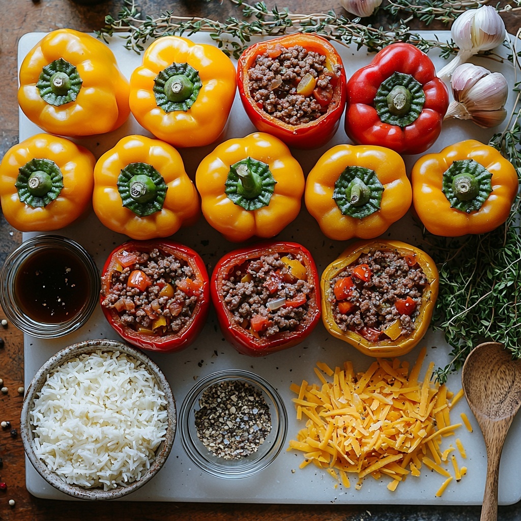 Vibrant arrangement of ingredients for ground beef stuffed peppers on a clean white marble surface: six large bell peppers in assorted colors (red, yellow, orange, and green) whole and halved to reveal seeds and membranes; a rustic ceramic bowl with fluffy cooked white jasmine rice; a small glass bowl filled with glossy crushed tomatoes; a wooden spoon resting beside a heap of finely chopped yellow onion and diced bell pepper tops; three peeled garlic cloves scattered nearby; raw lean ground beef portioned on a natural stone plate showcasing its rich red texture; a small clear glass jar of golden olive oil with light glistening reflections; a tiny white ramekin holding Italian seasoning mix; a teaspoon with dark Worcestershire sauce dripping slightly; a neat pile of shredded cheddar cheese blend with vibrant orange and creamy white strands spilling slightly onto brown parchment paper; sea salt crystals and freshly ground black peppercorns displayed in rustic bowls; overall color palette warm and inviting with pops of red, green, and yellow, textures ranging from smooth and glossy to coarse and shredded, arranged organically yet balanced with negative space; soft natural lighting casting gentle shadows emphasizing freshness and preparing for cooking; overhead shot, top down view, flat lay photography, professional food styling --ar 1:1 --q 2 --s 750 --v 6.1