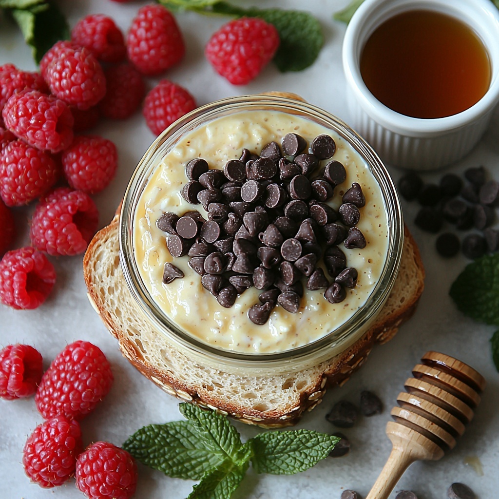 Soft slices of bread stacked slightly overlapping on a clean white surface, a small clear glass bowl of smooth pale yellow custard mixture (egg, Greek yogurt, and maple syrup) with a silver whisk resting beside it, a handful of fresh vibrant red raspberries scattered artfully around, a small white ramekin filled with glossy dark chocolate chips, a small amber glass jar of golden maple syrup with a wooden honey dipper nearby, warm natural lighting highlighting the soft textures of the bread and the glossy shine of the custard and syrup, subtle shadows adding depth, touches of fresh green mint leaves for color contrast, minimalist and clean background emphasizing the freshness and color of ingredients, overhead shot, top down view, flat lay photography, professional food styling --ar 1:1 --q 2 --s 750 --v 6.1