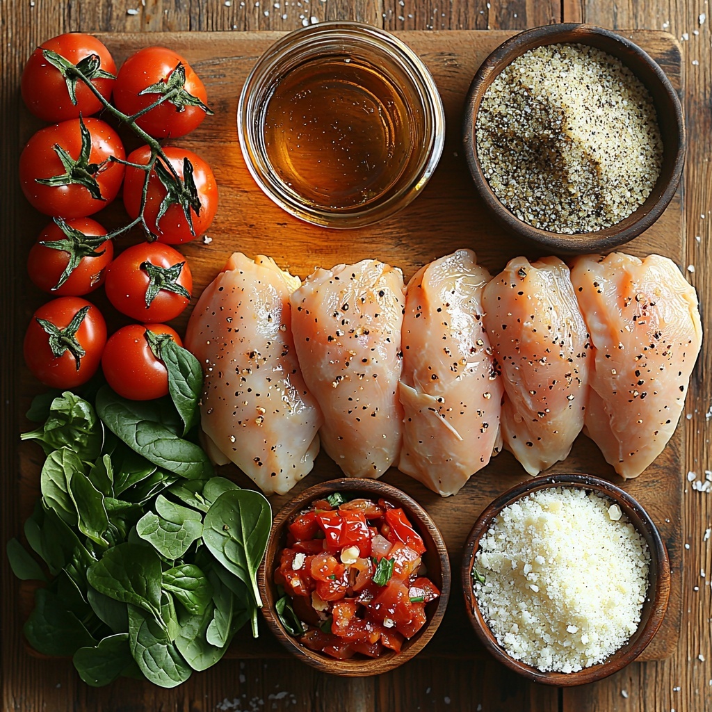 Boneless, skinless chicken breasts raw and plump, low-sodium chicken broth in a clear glass measuring cup showing golden liquid, bright red canned diced tomatoes spilling slightly from an open can, small wooden bowl of mixed Italian seasoning herbs with flecks of green and dried reds, coarse sea salt crystals in a small white ceramic dish, cracked black peppercorns scattered nearby, a small glass jar of rich heavy cream with a smooth pour, fresh vibrant green spinach leaves clustered beside a pile of frosty frozen spinach cubes, a rustic bowl filled with small pasta shapes like ditalini and orzo showing varied beige tones, a mound of finely grated Parmesan cheese on crinkled parchment paper with craggy textures, all ingredients neatly arranged on a clean, warm-toned wooden surface with soft natural light casting gentle shadows, minimalistic rustic styling with subtle props like vintage spoons and linen napkins, colors popping with natural freshness, textures contrasting from smooth cream to rough parmesan, composition balanced for visual harmony – overhead shot, top down view, flat lay photography, professional food styling --ar 1:1 --q 2 --s 750 --v 6.1