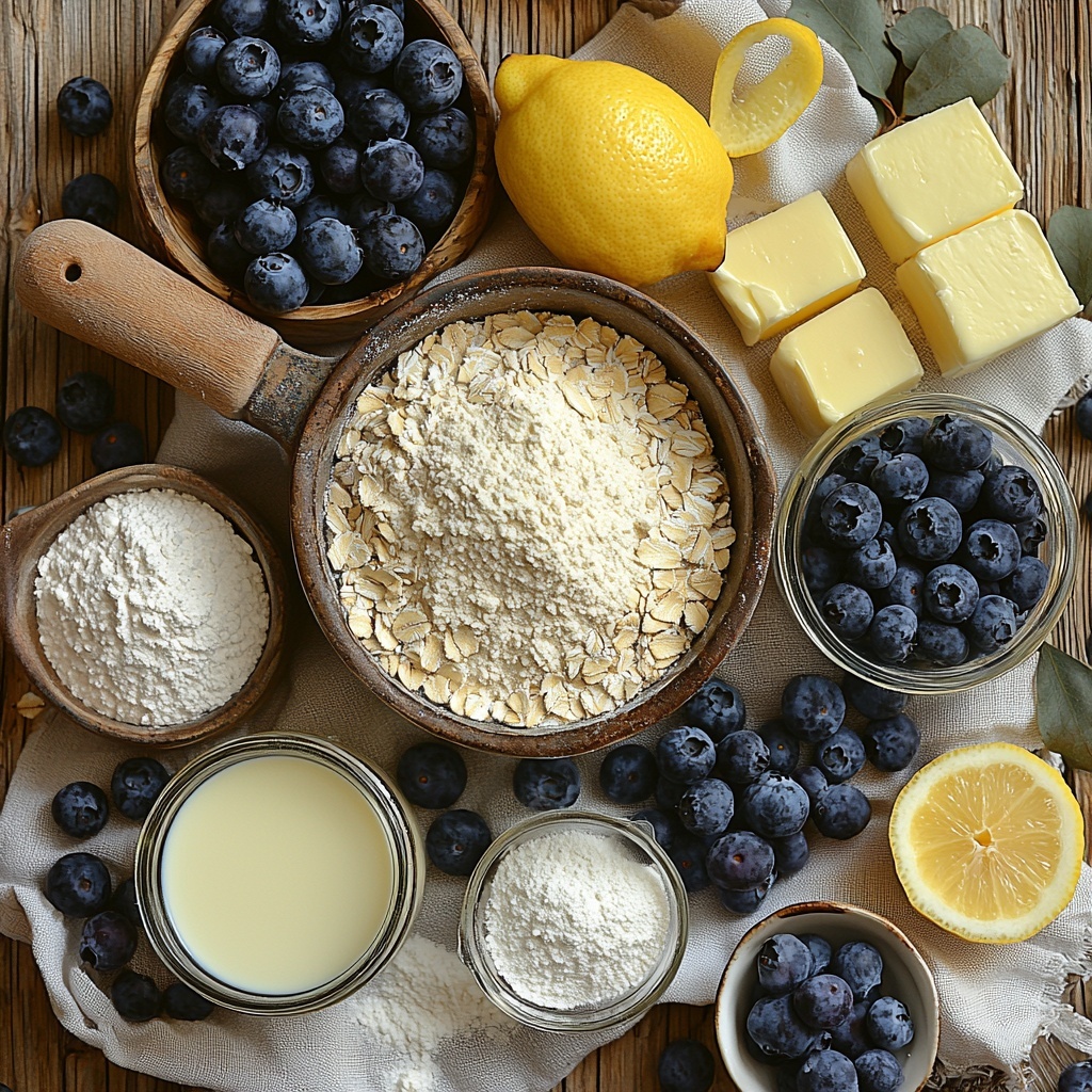 baking mix in a rustic ceramic bowl, granulated sugar in a small glass jar spilling slightly onto the surface, softened unsalted butter on a wooden butter knife with soft texture visible, a clear measuring cup filled with creamy milk, fresh lemon zest scattered artfully on a white linen napkin, vibrant blueberry pie filling in a vintage glass bowl showing deep purples and juicy texture, plain flour dusted lightly next to quick oats in a small heap showing coarse texture, cold butter cubes near the flour and oats with a cold matte sheen, powdered sugar in a fine sieve with some powder dusted around, a small glass bowl with bright yellow lemon juice, arranged neatly on a clean, light wood surface with soft natural light creating gentle shadows, pops of yellow and deep blue contrasting with neutral tones, minimal props for elegant simplicity, overhead shot, top down view, flat lay photography, professional food styling --ar 1:1 --q 2 --s 750 --v 6.1