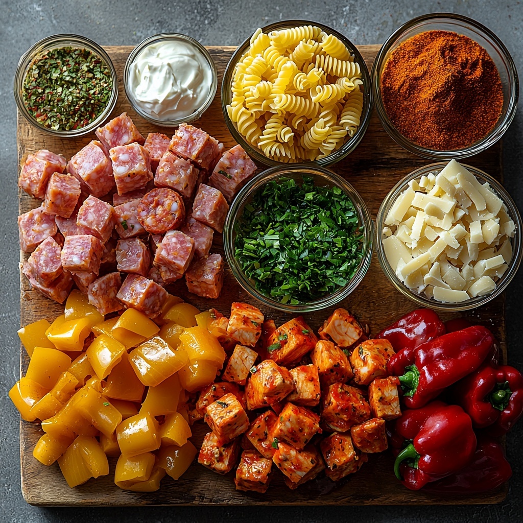 A vibrant flat lay of the main ingredients for Cajun Chicken and Sausage Pasta arranged artfully on a clean white surface: cubed boneless skinless chicken breasts in a small rustic ceramic bowl, sliced hot smoked sausage (andouille style) fanned out on a wooden cutting board, two bell peppers—one red and one green—thinly sliced and scattered for pops of bright color, a small pile of diced yellow onion with translucent texture, a neat mound of uncooked campanelle pasta showcasing its twisted ridges, a clear glass measuring cup filled with golden low-sodium chicken broth, a crystal wine glass half-filled with pale dry white wine, a shallow dish with vibrant orange-red Cajun seasoning mix, a rustic bowl overflowing with freshly shredded Parmesan cheese, a small glass bowl of smooth heavy cream, fresh chopped Italian parsley sprinkled loosely nearby, and small vintage spoons holding garlic powder, cayenne pepper, onion powder, dried oregano, paprika, black pepper, and kosher salt arranged symmetrically. The scene is bright and airy with natural diffused light enhancing the vivid colors and varied textures—glossy sausage, creamy cheese, rough spices, and fresh vegetables—with subtle shadows adding depth. The composition balances warmth from the reds and oranges with freshness from the greens and whites, styled with minimal props and clean lines for an inviting and professional food photography look. overhead shot, top down view, flat lay photography, professional food styling --ar 1:1 --q 2 --s 750 --v 6.1