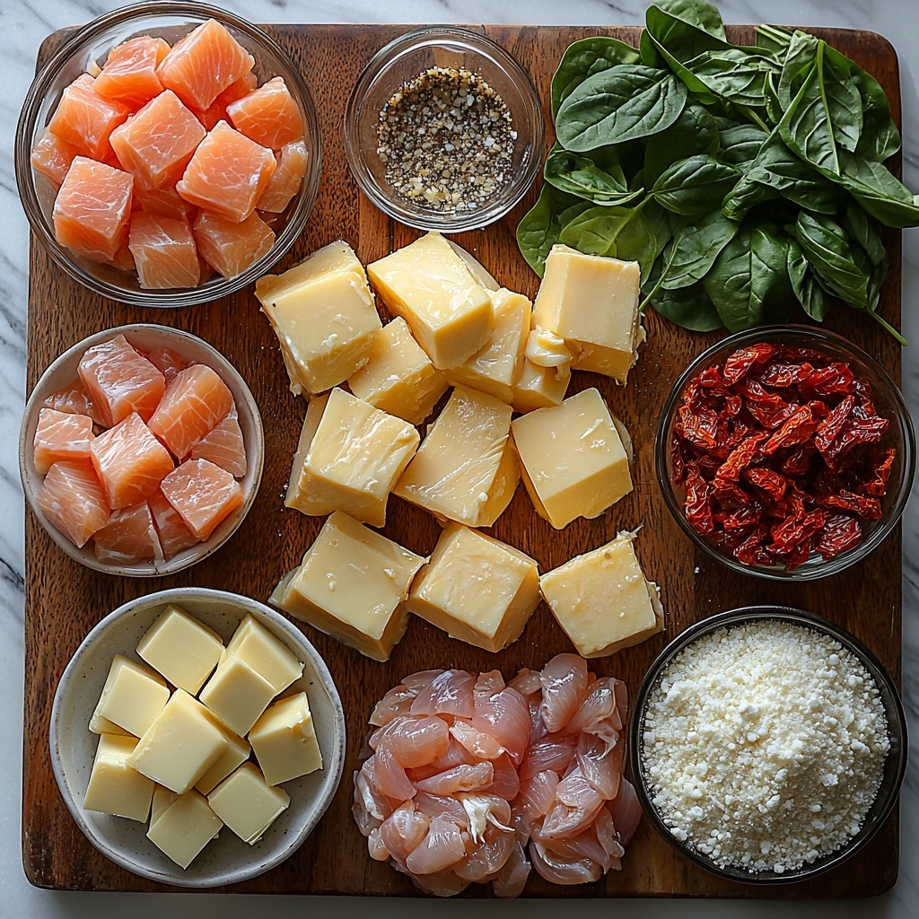 a vibrant flat lay of ingredients for Marry Me Chicken Pasta arranged neatly on a clean white marble surface: uncooked pasta in a small rustic bowl showing its pale golden hue and varying shapes; a small glass bowl of melted golden butter; finely diced translucent white onion piled softly; raw chicken breast cubes plump and pale pink on a simple white plate; coarse sea salt and freshly ground black pepper in tiny ceramic spoons; four garlic cloves finely minced displayed on a wooden cutting board; a glass measuring cup filled with light amber chicken broth; a small white bowl of thick, rich heavy cream; a small dish of deep red sun-dried tomatoes glistening with oil, chopped finely; a pinch of vibrant red pepper flakes scattered delicately on a dark slate tile; a mound of fresh bright green baby spinach leaves with visible veins and texture; a small bowl heaped with finely grated parmesan cheese, pale yellow with a crumbly texture; five to six glossy fresh basil leaves with deep green color arranged in a fan; a tiny bowl of dried Italian seasoning herbs showing flecks of green and brown; all ingredients spaced evenly with natural soft daylight casting gentle shadows, minimalist white ceramic bowls and rustic wood cutting board for contrast, subtle pops of color emphasizing freshness and texture, styled for a crisp, clean, appetizing presentation overhead shot, top down view, flat lay photography, professional food styling --ar 1:1 --q 2 --s 750 --v 6.1