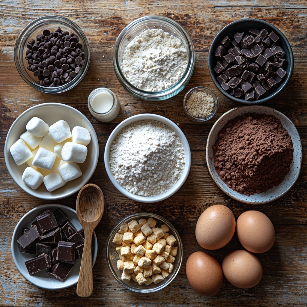 1 cup all-purpose flour in a small white ceramic bowl, next to 1/2 cup unsweetened cocoa powder in a dark matte bowl; 1 cup granulated sugar in a clear glass jar with a wooden scoop; 1/2 cup unsalted butter, softened, on a small white plate with a butter knife; 2 large brown eggs resting side by side on a rustic wooden surface; 1/2 cup milk in a simple glass measuring cup; 1 teaspoon vanilla extract in a small amber glass bottle with a cork stopper; 1 teaspoon baking powder and 1/2 teaspoon baking soda in tiny white ramekins; 1/4 teaspoon salt in a tiny clear dish; 1 cup fluffy mini marshmallows loosely scattered beside the bowls; 1/2 cup golden graham cracker crumbs lightly spread on parchment paper; 1/2 cup shiny dark chocolate chips in a small black bowl. All ingredients are thoughtfully arranged on a clean, light wooden table with natural, soft daylight highlighting the various textures—powdery flour, glossy chocolate chips, smooth butter, and puffy marshmallows. Minimal rustic props like a linen napkin and a wooden spoon add warmth and contrast. Overhead shot, top down view, flat lay photography, professional food styling --ar 1:1 --q 2 --s 750 --v 6.1