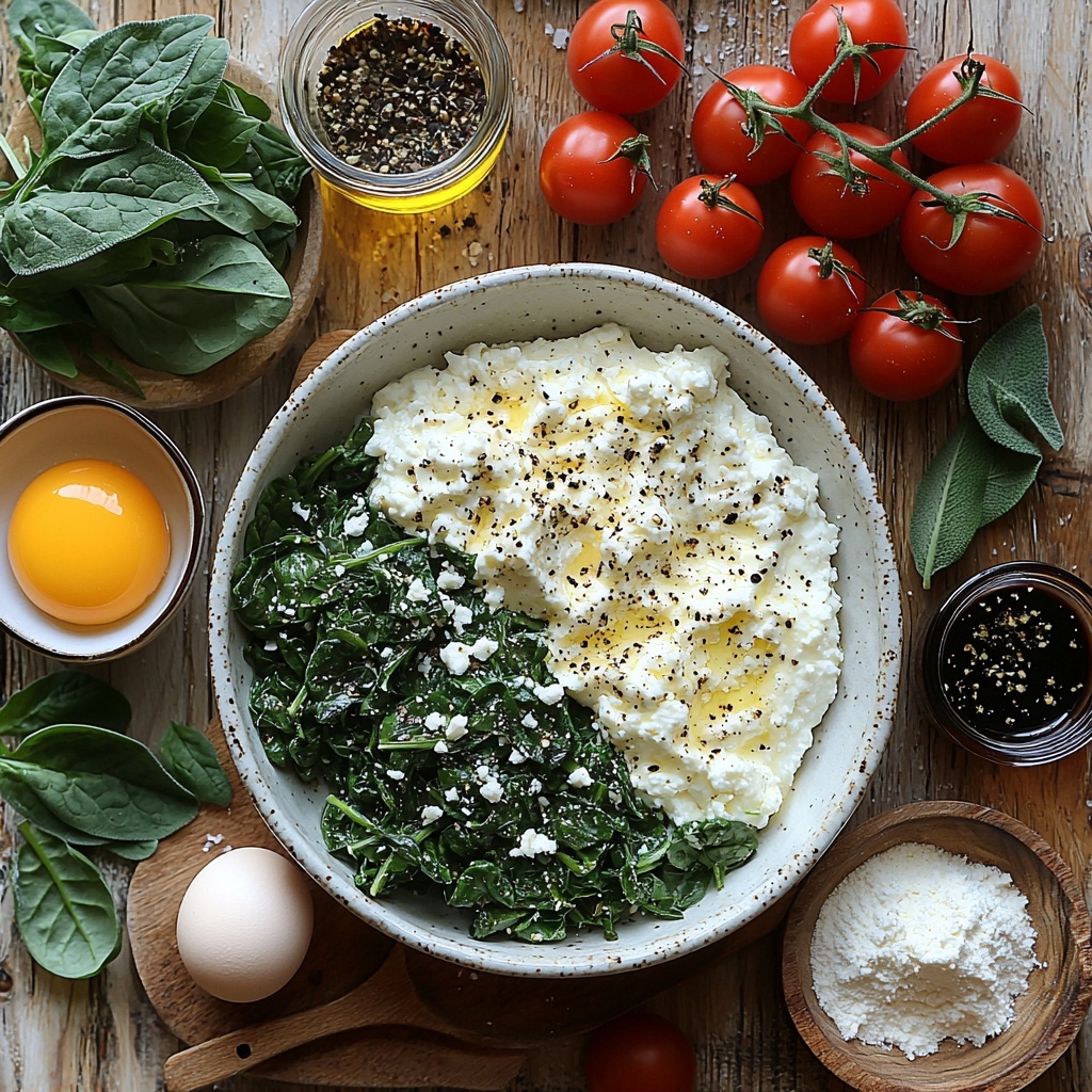 16 ounces thawed frozen chopped spinach in a small rustic bowl with vibrant deep green leaves, 2 cups creamy whole milk ricotta cheese in a white ceramic bowl showing smooth texture, 2 bright yellow egg yolks in a clear glass ramekin, 1/2 cup fine all-purpose flour scattered lightly on the clean pale wooden surface, 3/4 cup finely grated parmesan cheese in a small mound with crumbly texture, a pinch of coarse kosher salt and cracked black pepper sprinkled nearby, 1 stick of golden salted butter partially unwrapped on parchment paper, 2 cloves garlic with papery skin slightly crushed, 8 fresh sage leaves rich green with delicate veins arranged neatly, 1 tablespoon extra virgin olive oil in a small glass dish showing glossy amber liquid, 2 cups small glossy red cherry tomatoes grouped together with some sliced in half revealing juicy interiors, 2 tablespoons fresh thyme leaves sprinkled loosely showing tiny green sprigs, 1 tablespoon dark glossy balsamic vinegar in a tiny shallow dish — all ingredients thoughtfully spaced on a clean light wood surface with subtle natural light casting soft shadows, minimalistic styling with natural textures like linen cloth and wooden spoons gently placed around, emphasizing vibrant colors and fresh textures, overhead shot, top down view, flat lay photography, professional food styling --ar 1:1 --q 2 --s 750 --v 6.1