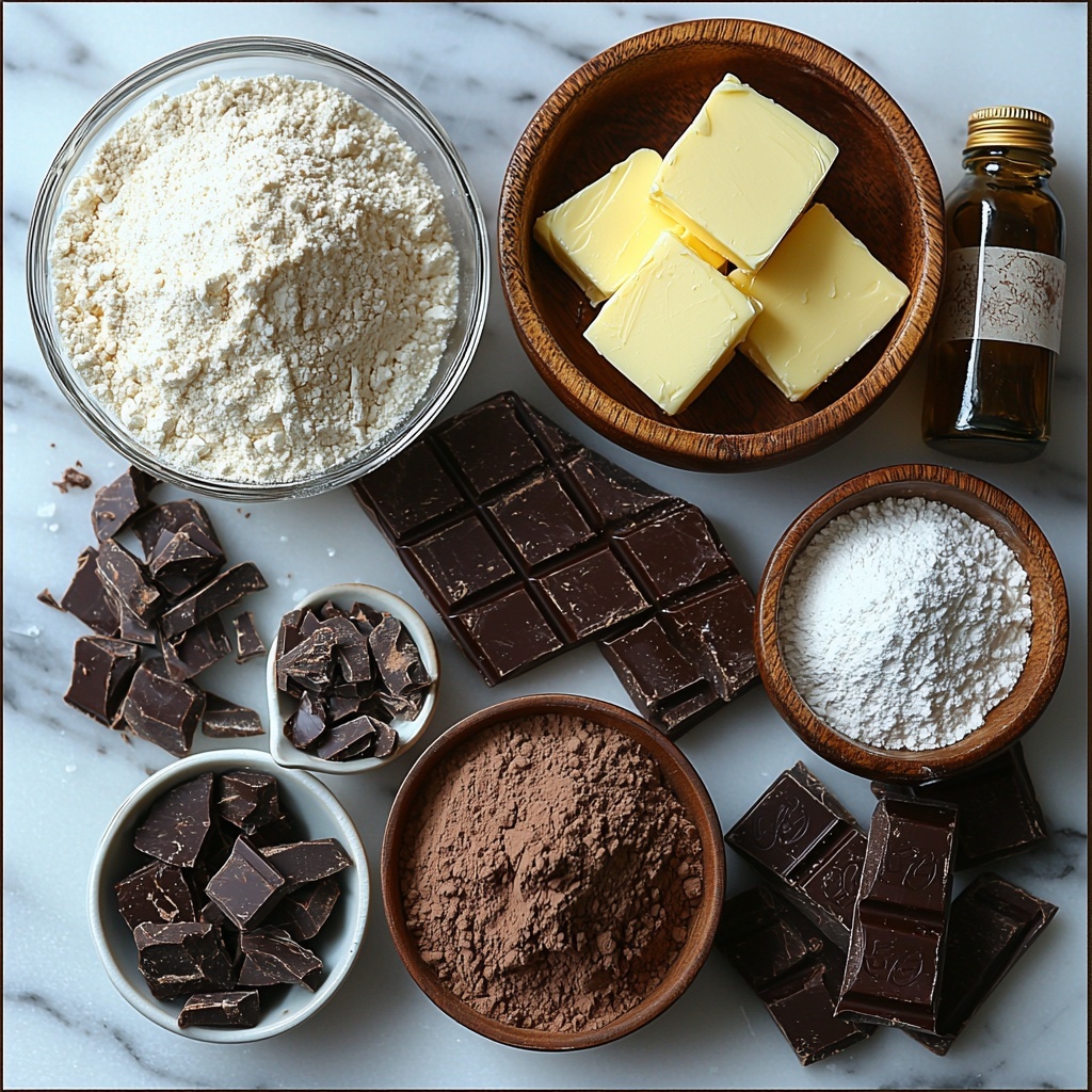 softened unsalted butter in a small glass bowl with creamy texture, a heap of fine powdered sugar in a rustic ceramic dish, coarse salt crystals sprinkled neatly on a white porcelain spoon, a large fresh egg with smooth brown shell, small glass bottles of vanilla extract and peppermint extract with amber liquid inside, a pile of rich dark unsweetened cocoa powder on crumpled parchment paper, a neat mound of all-purpose flour with soft powdery texture, glossy chunks of semi-sweet or dark chocolate arranged in a small wooden bowl, a small white bowl containing translucent coconut oil, all ingredients spaced evenly on a clean white marble surface, natural soft daylight highlighting the varying textures and deep browns and whites, subtle shadows adding depth, minimalistic and elegant styling with a touch of rustic charm, overhead shot, top down view, flat lay photography, professional food styling --ar 1:1 --q 2 --s 750 --v 6.1