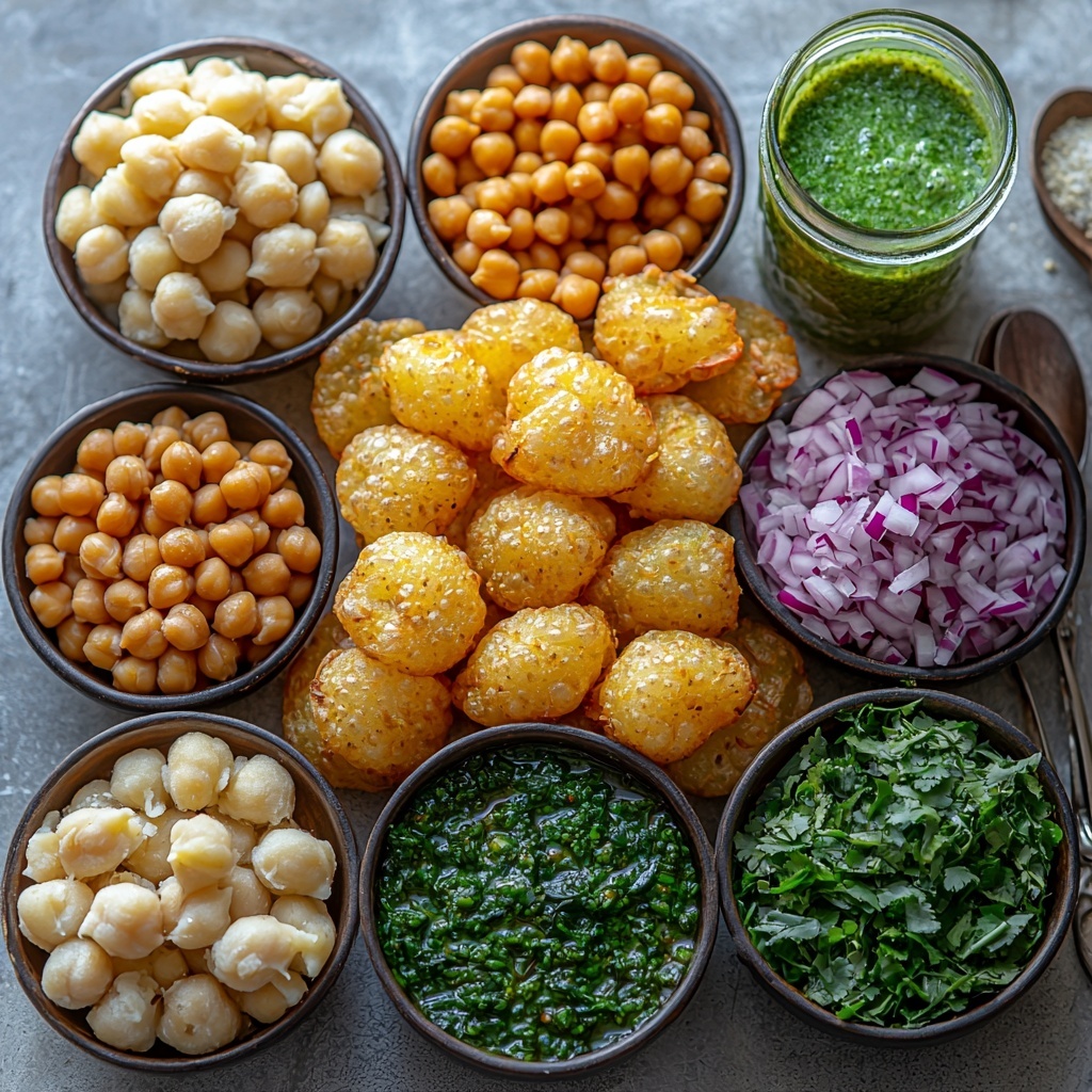 Pani Puri ingredients arranged on a clean white marble surface: a scattered pile of golden, crispy puri shells with delicate texture; a small rustic bowl of mashed boiled potatoes, creamy and pale yellow; a bowl of tender boiled chickpeas, light beige and smooth; a small ramekin of finely chopped red onions with their vibrant purplish-red color; a handful of fresh bright green chopped coriander leaves loosely spread nearby; a glass bowl filled with deep brown tamarind chutney, glossy and thick; a clear jar with vibrant green mint-coriander pani, slightly frothy and refreshing; small ceramic dishes containing fine beige cumin powder, dark grayish chaat masala, and coarse white salt granules; utensils and small spoons casually placed to suggest preparation; soft natural light enhancing the colors and textures, subtle shadows for depth; minimal, modern styling focusing on freshness and rustic authenticity. Overhead shot, top down view, flat lay photography, professional food styling --ar 1:1 --q 2 --s 750 --v 6.1