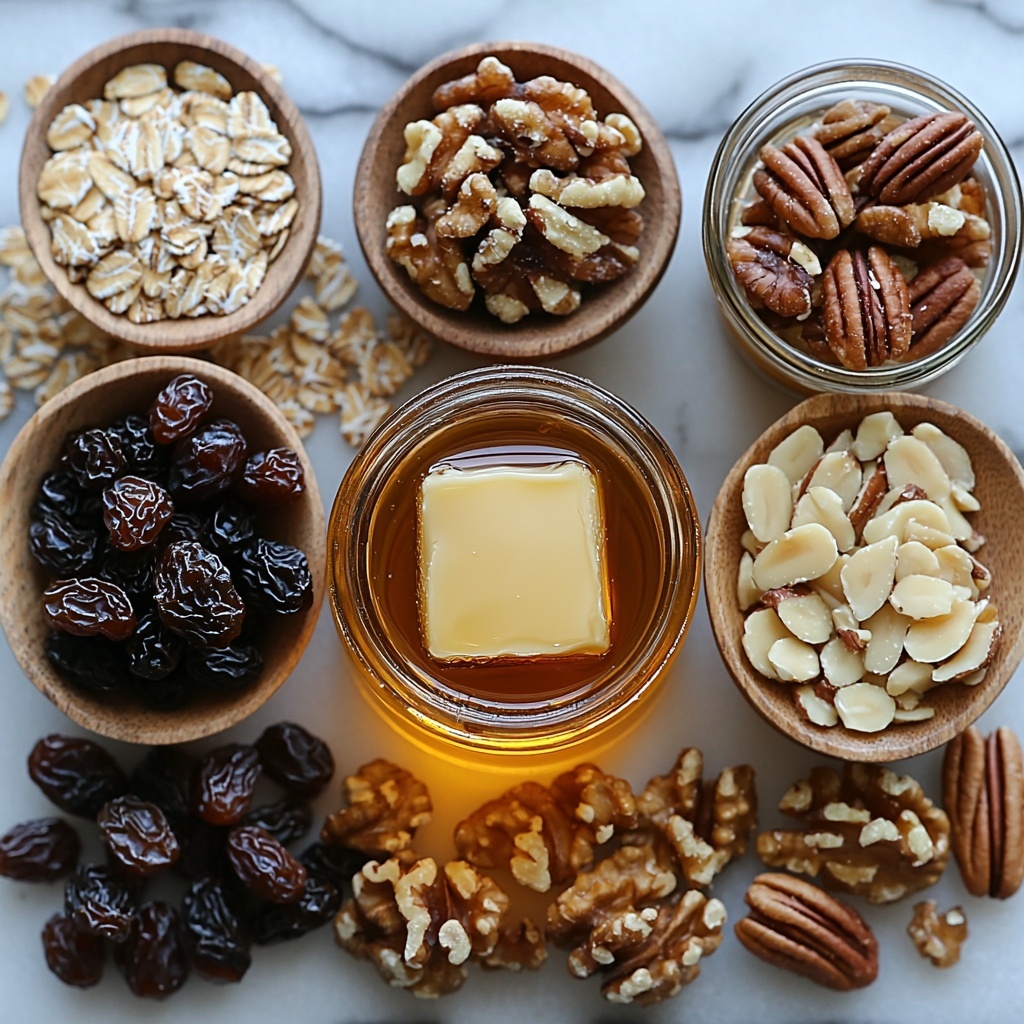 Honey in a small glass jar with golden amber color, a small bowl of melted unsalted butter with a smooth, glossy texture, scattering of warm brown ground nutmeg, rich cinnamon powder, and delicate pale beige ground ginger arranged in tiny ceramic spoons, a pinch of coarse kosher salt crystals in a minimal white dish, a generous pile of old fashioned rolled oats with a natural beige tone and flaky texture spread loosely, clusters of dark, plump raisins, roughly chopped deep brown pecans, pale cream sliced almonds with smooth surfaces, chopped walnuts showing intricate wrinkled textures and light tan hues, a small clear jar of amber maple syrup with a glossy sheen, all ingredients spaced evenly on a clean white marble surface highlighting their natural colors and textures, soft natural lighting creating gentle shadows, styled with minimal rustic props like a wooden spoon and linen napkin edges visible, careful composition to balance color contrast and texture for an inviting, wholesome look, overhead shot, top down view, flat lay photography, professional food styling --ar 1:1 --q 2 --s 750 --v 6.1