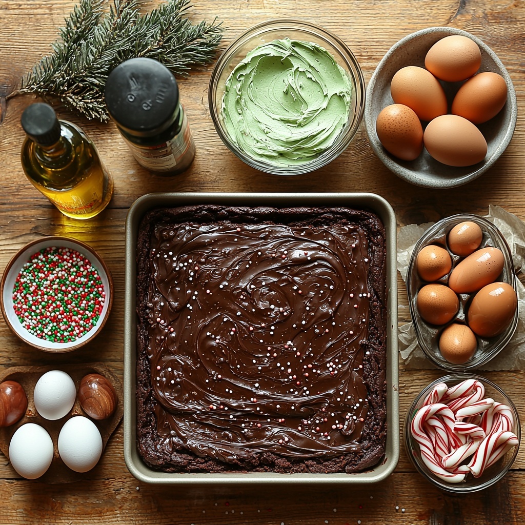 brownie mix box (18oz) with oil bottle, eggs, and water measuring cup next to it; additional egg yolk in small glass bowl; large bowl with partially mixed dark chocolate batter showing rich, fudgy texture; 9x9-inch parchment-lined baking pan nearby; tub of creamy white vanilla frosting open with smooth texture visible; small bowl of vibrant green food coloring; wooden spoon or spatula with swirled green-tinted frosting; colorful assorted sprinkles scattered in a small dish; broken candy cane pieces and whole mini candy canes arranged neatly; all ingredients laid out on a clean, light wooden surface with natural soft lighting, subtle shadows enhancing textures; cozy holiday vibe with hints of rustic charm; some evergreen sprigs or small pinecones subtly placed for festive accent; overhead shot, top down view, flat lay photography, professional food styling --ar 1:1 --q 2 --s 750 --v 6.1