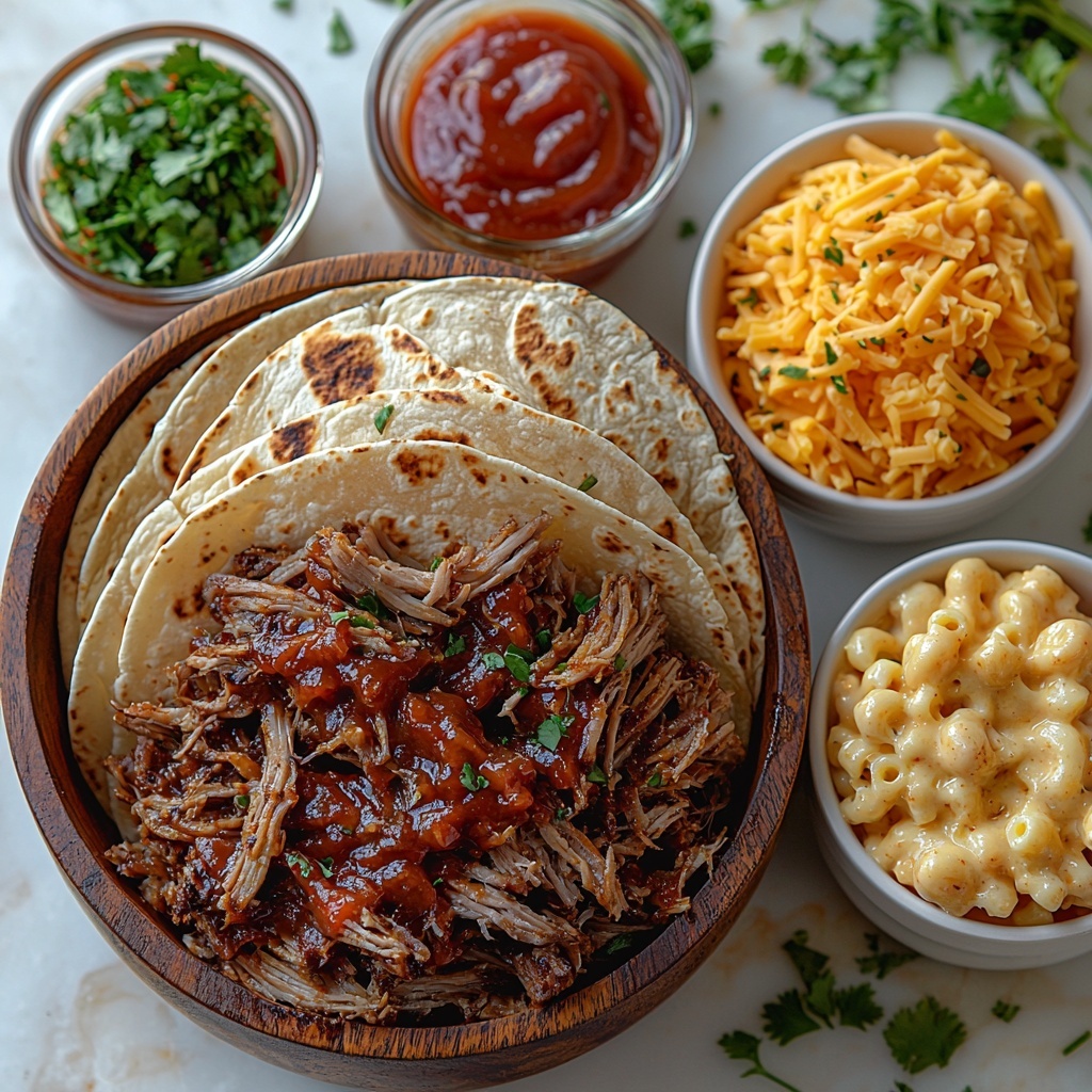 burrito-sized tortillas, smooth and pale beige, laid flat and slightly overlapping on a clean white marble surface; small glass bowls containing rich, glossy deep red barbecue sauce with a slight shine; a rustic wooden bowl filled with tender, shredded pulled pork in warm brown tones with visible textures of meat fibers; a white ceramic ramekin holding creamy, yellow macaroni and cheese with visible elbow pasta and melted cheese texture; a small pile of shredded triple cheddar cheese in vibrant orange, sharp and finely shredded with a soft texture, arranged neatly beside the macaroni; scattered fresh sprigs of green herbs for a pop of color; soft natural lighting casting gentle shadows for depth, bright and clean aesthetic emphasizing warm and inviting colors, minimalistic styling with slight rustic touches; all elements spaced evenly and harmoniously balanced for a visually appealing overhead shot, top down view, flat lay photography, professional food styling --ar 1:1 --q 2 --s 750 --v 6.1