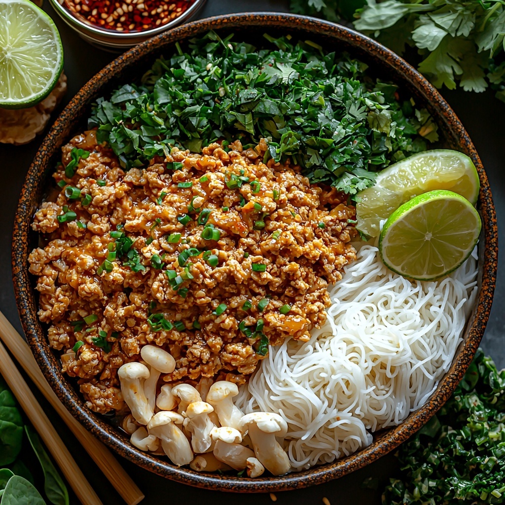Ground chicken piled loosely in a small rustic ceramic bowl, next to three cloves of peeled minced garlic resting on a wooden spoon, and a small heap of freshly grated pale yellow ginger root. A glossy dark brown splash of soy sauce in a tiny porcelain dish beside a bright green bunch of chopped cilantro scattered delicately on the surface. Thin, translucent white rice noodles neatly coiled on a round plate, with a vivid, smooth scarlet dollop of red curry paste resting on a white ceramic spoon. A shiny can of creamy, off-white full-fat coconut milk partially opened, next to a clear glass measuring cup filled with golden chicken broth, and a small heap of light brown granulated brown sugar crystals. Fresh sliced white and brown mushrooms arranged in a small ceramic dish, alongside fresh vibrant deep green spinach or baby kale leaves spread naturally. A halved lime showing juicy bright green segments, with a few lime wedges placed nearby, all on a clean matte white surface. Textures contrast between smooth liquids, soft noodles, and fresh herbs; colors pop with vibrant greens, warm reds, earthy browns, and creamy whites. Natural soft daylight, subtle shadows, minimalistic modern styling with white and wooden accents. Overhead shot, top down view, flat lay photography, professional food styling --ar 1:1 --q 2 --s 750 --v 6.1