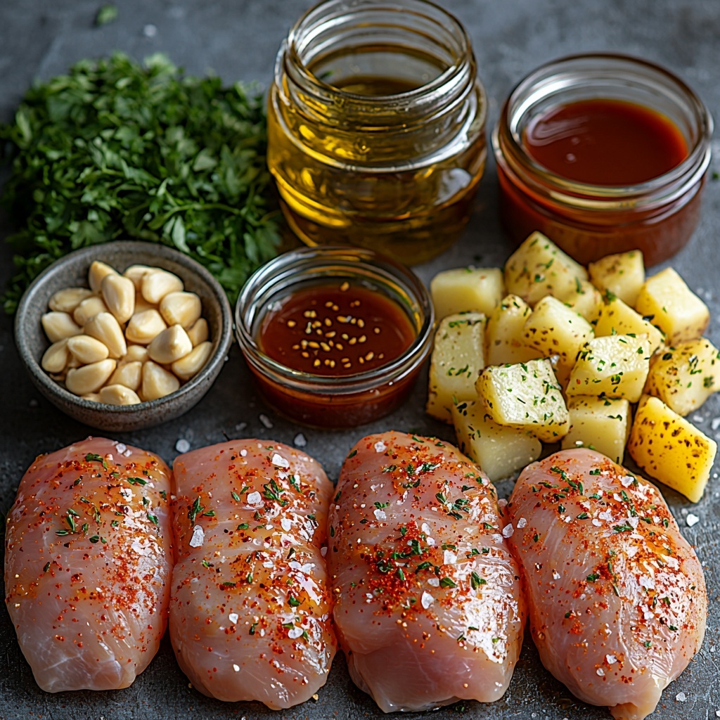 2 skinless, boneless chicken breasts raw with smooth pale pink skin, small dish of glossy dark reddish-brown BBQ sauce next to a drizzle of golden honey in a glass jar, small bowls of olive oil with a rich golden sheen, scattered rustic red and Yukon Gold potato chunks with slightly rough skins, sprinkled with coarse salt, cracked black pepper, and vibrant reddish smoked paprika powder, tiny piles of pale beige garlic powder, fresh bright green chopped parsley and thyme sprigs artfully placed to add freshness, optional toasted sesame seeds sprinkled lightly for texture contrast, all ingredients arranged neatly and evenly spaced on a clean white matte surface, natural soft lighting emphasizing colors and textures without harsh shadows, styled to highlight freshness and rustic simplicity, subtle shadows for depth, overhead shot, top down view, flat lay photography, professional food styling --ar 1:1 --q 2 --s 750 --v 6.1