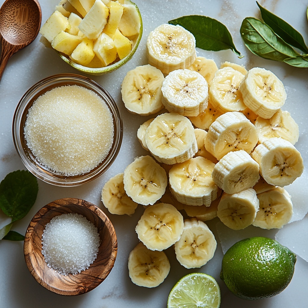 3 large ripe bananas peeled and sliced, bright yellow with soft creamy textures; a small white ceramic bowl filled with sparkling white granulated sugar; a clear glass shot glass containing amber-colored rum; a fresh lime sliced in half showing vibrant green flesh, with one wedge nearby; a small wooden bowl holding finely grated light brown nutmeg; a clear glass bowl with fresh, pale yellow lime juice; a small white dish with four tablespoons of clear water; all ingredients neatly arranged on a clean white marble surface with subtle natural light casting soft shadows, minimalistic styling with a few fresh banana leaves and a rustic wooden spoon adding warmth and contrast; colors vibrant and textures detailed, emphasizing freshness and natural tones, overhead shot, top down view, flat lay photography, professional food styling --ar 1:1 --q 2 --s 750 --v 6.1
