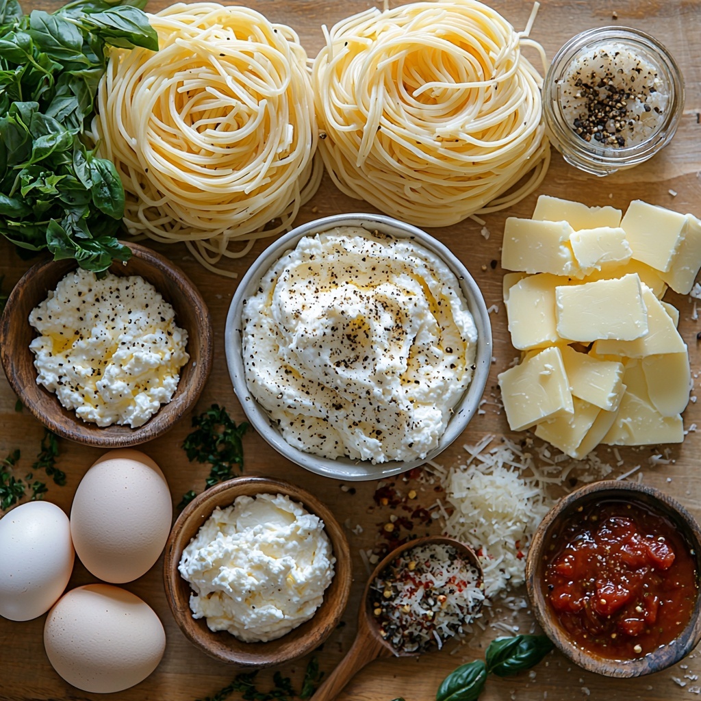 Ricotta cheese in a small white bowl with creamy texture, a dollop of smooth cream cheese beside it, scattered dried herbs—basil, parsley, oregano—in small neat piles showcasing green and earthy tones, coarse black pepper and salt crystals sprinkled artistically, uncooked pale yellow spaghetti noodles fanned out neatly, gleaming golden butter pat on a small dish, two cracked eggs with vivid orange yolks in a glass bowl, a wedge of Parmesan cheese with a slightly rough texture, raw ground beef in a loose mound showing rich red color mixed with marbled fat, finely diced yellow onion pieces in a tiny wooden bowl, peeled garlic cloves and minced garlic arranged nearby, a small bottle or bowl of dark Worcestershire sauce with a glossy surface, a small ramekin of bright red marinara sauce with visible tomato chunks, a heap of shredded mozzarella cheese fluffy and white, a small dish of fiery red hot sauce, and an Italian seasoning mix in a tiny bowl with mixed green herbs. All ingredients are meticulously arranged on a clean, light-colored wooden surface with soft, natural lighting emphasizing vibrant colors and contrasting textures, subtle shadows adding depth, minimal rustic props like a linen napkin and wooden spoons placed casually to enhance warmth and authenticity. overhead shot, top down view, flat lay photography, professional food styling --ar 1:1 --q 2 --s 750 --v 6.1