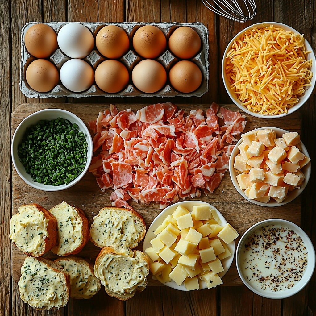 Twelve large brown eggs in a neat carton, two cups of creamy milk in a clear glass measuring cup, small white bowls with salt, black pepper, and bright red cayenne pepper, a dollop of smooth Dijon mustard on a small white spoon, a stack of cubed golden English muffins on a rustic wooden board, chopped pink and white Canadian bacon pieces in a small white bowl, a heap of vibrant orange shredded cheddar cheese on a white ceramic plate, and a small bowl of finely chopped fresh green chives. All ingredients are artfully arranged on a clean, light wood surface with natural daylight casting soft shadows, creating a warm and inviting atmosphere. Subtle touches like a folded linen napkin and a small vintage whisk complete the composition, emphasizing textures from smooth and creamy to crunchy and hearty. Overhead shot, top down view, flat lay photography, professional food styling --ar 1:1 --q 2 --s 750 --v 6.1