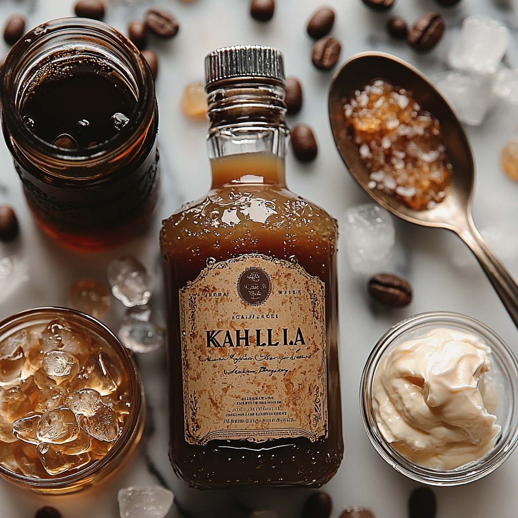 vodka bottle with clear glass and silver cap, dark brown coffee liqueur bottle labeled Kahlúa style, small jar of rich golden salted caramel syrup with glossy texture, a glass measuring cup with thick off-white heavy cream, clear ice cubes scattered artfully, small bowl with coarse sea salt crystals, spoon with caramel drizzle elegantly pooling on surface, all neatly arranged on a clean white marble countertop, natural soft lighting highlighting the contrast between dark and light liquids, subtle shadows adding depth, minimalistic and airy styling with a few coffee beans and a caramel drizzle pattern for visual interest, overhead shot, top down view, flat lay photography, professional food styling --ar 1:1 --q 2 --s 750 --v 6.1