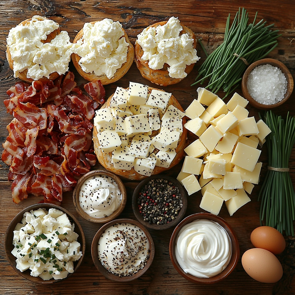 5 everything bagels cut into 1-inch cubes, crispy cooked diced bacon pieces, shredded Gruyere cheese with creamy yellow tones, cream cheese cut into smooth 1-inch cubes, whole large eggs with smooth white shells, a bowl of heavy cream with glossy texture, small bowls of salt and black pepper, fresh bright green chives loosely scattered; all ingredients neatly arranged on a clean, light wooden surface with natural soft lighting highlighting the varied textures and colors, warm tones emphasizing the golden bagels and cheese, subtle shadows adding depth, minimalist rustic style with space between items for clarity and visual balance, overhead shot, top down view, flat lay photography, professional food styling --ar 1:1 --q 2 --s 750 --v 6.1