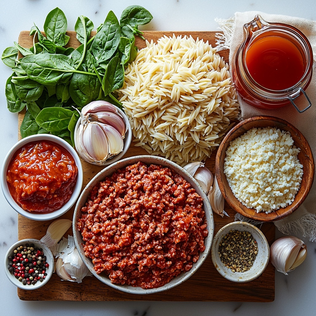 A clean white marble surface with all the main ingredients for Ground Beef Orzo with Tomato Cream Sauce neatly arranged in a balanced flat lay style. One raw pound of lean ground beef displayed in a small rustic bowl showing its rich reddish texture, a half medium onion finely chopped in a small white ceramic dish, three to four cloves of garlic minced and scattered near a tiny wooden spoon, a small bowl with crushed red pepper flakes showing vibrant deep red specks, a small mound of dried Italian seasoning herbs with green and brown flecks. A clear glass measuring cup filled with uncooked orzo pasta showcasing its pale golden grains. A 14-ounce can of bright red tomato sauce poured partly into a clear glass jug, alongside a small bowl of rich, dark brown beef broth. A white ceramic pitcher with creamy white heavy whipping cream, a small white ramekin of glossy Worcestershire sauce, a small bowl of freshly grated parmesan cheese with a crumbly texture, and a generous bunch of fresh baby spinach leaves with vibrant deep green color. Tiny piles of kosher salt and ground black pepper in white porcelain spoons. The ingredients are spaced evenly with soft natural lighting creating gentle shadows, highlighting the contrasting colors and textures. The composition is minimalistic yet inviting, styled with rustic wooden chopping boards and a neutral linen napkin for added warmth. Overhead shot, top down view, flat lay photography, professional food styling --ar 1:1 --q 2 --s 750 --v 6.1