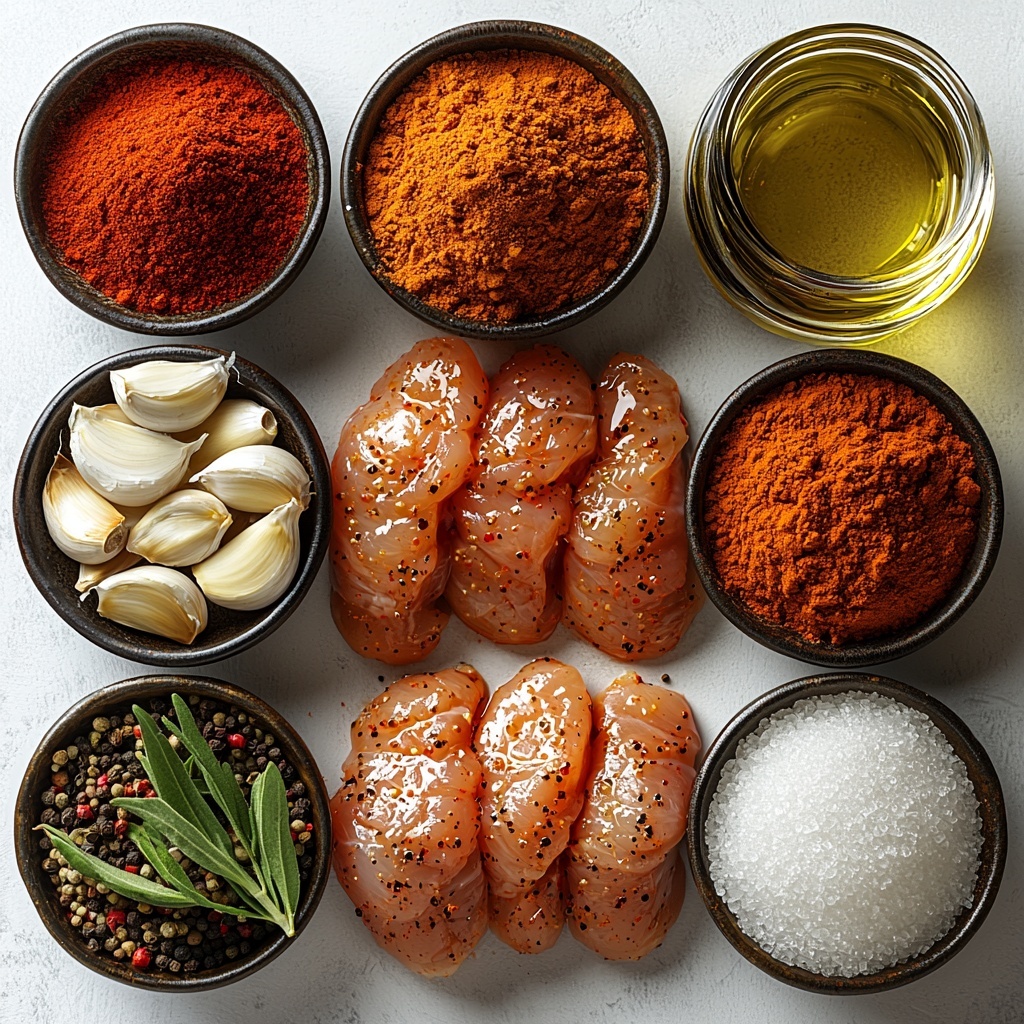 Teaspoons of vibrant red paprika and deep smoky paprika powder, small bowls of fine white garlic powder and light beige onion powder, a neat heap of fine white Morton table salt, a small mound of rich golden brown sugar with a slightly coarse texture, a tablespoon of translucent white cornstarch powder, a small glass dish filled with glossy, pale green avocado oil, and two plump, pale pink boneless skinless chicken breasts with smooth, slightly moist surfaces, all carefully arranged spaced evenly on a clean, bright white matte surface. The spices are artfully spooned into delicate ceramic bowls with subtle rustic textures, while the chicken breasts are positioned side by side, showing their natural shape and texture. Soft natural light highlights the varied textures and colors, with minimal shadows to maintain a fresh, inviting look. Accents of fresh herbs and a fine mesh sieve with scattered spice granules add an authentic culinary vibe. Overhead shot, top down view, flat lay photography, professional food styling --ar 1:1 --q 2 --s 750 --v 6.1