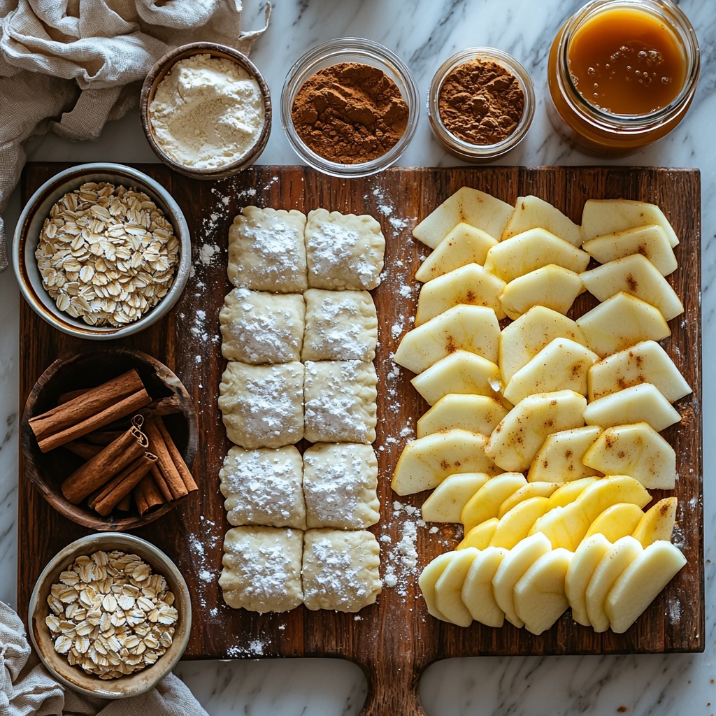 dough for single-crust pie rolled out on a wooden board, small bowls of white granulated sugar and all-purpose flour, a teaspoon of ground cinnamon in a tiny dish, four medium peeled baking apples sliced neatly into half-inch pieces arranged in a fan shape, another bowl with brown packed sugar, a small pile of rolled oats with a light golden hue, a bowl with softened butter showing creamy texture, a small jar of glossy caramel ice cream topping or caramel apple dip with a rich amber color, ingredients placed on a clean white marble surface with soft natural lighting highlighting the contrasting textures of smooth dough, coarse sugar, flaky oats, and juicy apple slices, styled with minimal rustic kitchen props like a wooden spoon and linen napkin nearby, colors vibrant but natural, emphasizing warm tones of caramel, cinnamon, and apples, sprinkled cinnamon powder lightly dusted around for an artistic touch, overhead shot, top down view, flat lay photography, professional food styling --ar 1:1 --q 2 --s 750 --v 6.1