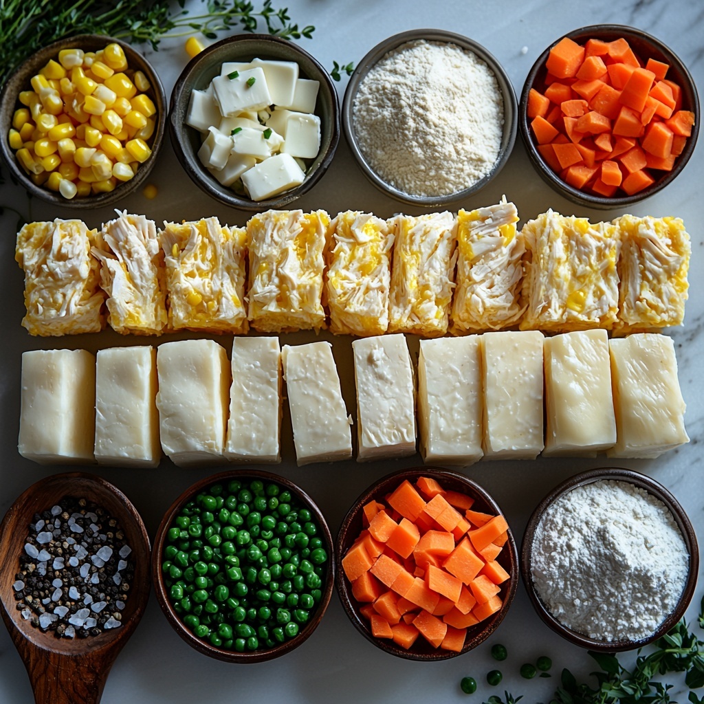 Butter cube, diced onion, frozen mixed vegetables with bright orange carrots, green peas, and yellow corn, peeled garlic cloves and minced garlic in a small bowl, a small heap of all-purpose flour, a glass measuring cup with golden chicken broth, a white ceramic cup of creamy milk, shredded cooked chicken pieces in a rustic bowl, salt and black pepper sprinkled on a dark wooden spoon, eight flaky refrigerated biscuit rounds arranged in a neat row, all ingredients carefully spaced and spread out on a clean white marble surface with soft natural light casting gentle shadows, highlighting the vibrant colors and varied textures from smooth butter and flour to the rough shredded chicken and crisp biscuits, styled minimally with a few green herb sprigs and a wooden spoon for warmth and contrast, overhead shot, top down view, flat lay photography, professional food styling --ar 1:1 --q 2 --s 750 --v 6.1