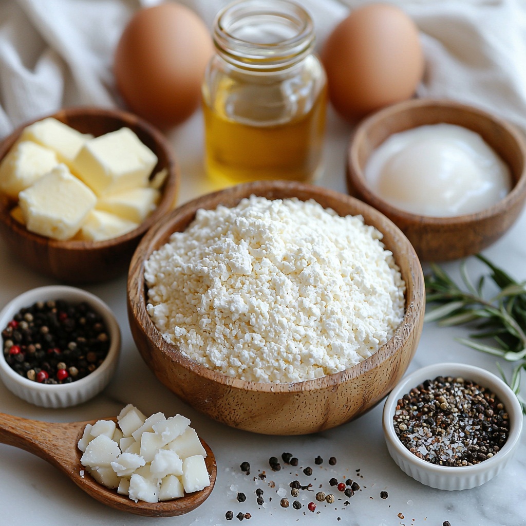 A clean white marble surface arranged with all the main ingredients for keto meat pies in an inviting flat lay: a small wooden bowl filled with pale almond flour alongside a smaller bowl of fine, off-white coconut flour; a clear glass dish holding melted golden butter; two large brown eggs with smooth shells placed nearby; a small dish with coarse salt and another with baking powder in fine white powder form; a small glass bottle or measuring cup with light amber apple cider vinegar; a bowl of raw ground meat (beef or turkey) showcasing a rich reddish-brown color and slightly coarse texture; a small white ramekin containing finely diced white onion pieces; two garlic cloves beside a small pile of minced garlic with creamy white texture; a small bowl with golden olive oil; bowls with warm colored spices arranged neatly—coarse black peppercorns, deep red paprika powder, dried green thyme or oregano leaves, and a small pinch of bright red chili flakes; a few sprigs of fresh green herbs for contrast. The ingredients are spaced evenly with natural, soft daylight highlighting subtle shadows and textures, styled with rustic wooden spoons and linen napkins to add warmth and depth. The composition is clean, bright, and inviting, emphasizing natural colors and textures. Overhead shot, top down view, flat lay photography, professional food styling --ar 1:1 --q 2 --s 750 --v 6.1