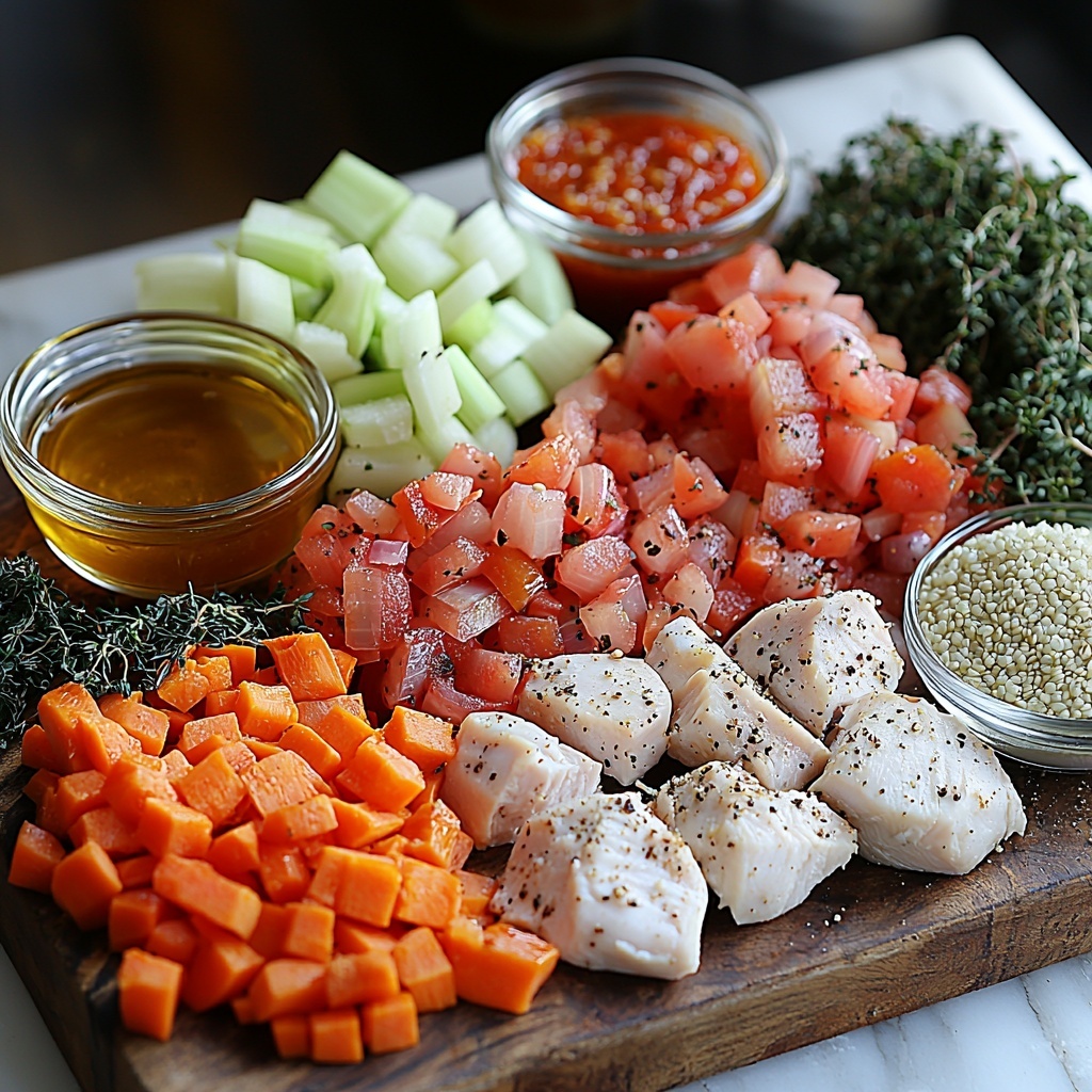 2 tablespoons golden olive oil in a small glass dish, 4 large garlic cloves peeled and minced, a medium yellow onion diced into small cubes, a small heap of dried thyme sprigs, 1.5 cups bright orange chopped carrots next to 1.5 cups fresh green chopped celery stalks, two uncooked pale pink chicken breasts placed side by side, an opened can showing vibrant red diced tomatoes in juice, a small spoonful of deep red tomato paste on a white porcelain spoon, a small glass bowl holding 1/3 cup pearly white uncooked quinoa, a measuring cup filled with golden chicken broth, 3 packed cups of fresh dark green torn kale leaves with texture visible, a small bowl of coarse salt crystals and freshly ground black pepper, all ingredients neatly arranged on a clean white marble surface with natural soft daylight, subtle shadows for depth, some rustic wooden cutting boards and linen napkins gently placed nearby for warm, inviting professional food styling — overhead shot, top down view, flat lay photography, professional food styling --ar 1:1 --q 2 --s 750 --v 6.1