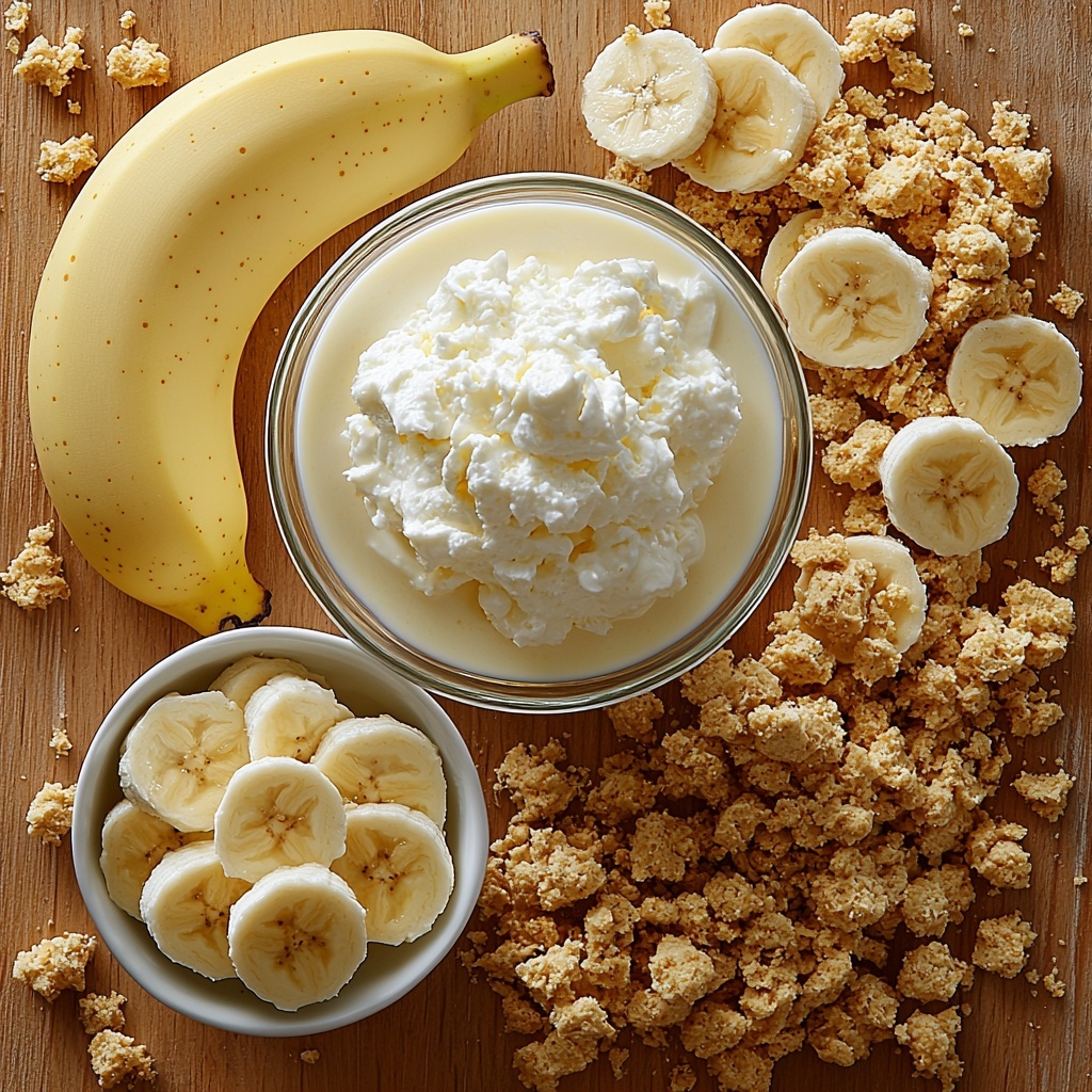3.4 oz package of instant vanilla pudding mix in a simple, opened pouch, two cups of whole milk in a clear glass measuring cup showing creamy white liquid, three ripe bananas sliced into thin, even rounds with bright yellow peel and soft white flesh, a generous dollop of fluffy whipped cream in a white bowl with light airy texture, one cup of finely crushed golden vanilla wafers in a small ceramic dish showing crumbly texture; all ingredients neatly arranged on a clean, light wooden surface with soft natural lighting highlighting the creamy, pale yellow and white tones contrasted with warm golden crumbs and vibrant yellow banana slices; delicate shadows adding depth, minimalistic styling with a rustic touch, slight scattering of crumbs and banana slices around the bowls for visual interest, emphasizing freshness and inviting warmth, overhead shot, top down view, flat lay photography, professional food styling --ar 1:1 --q 2 --s 750 --v 6.1