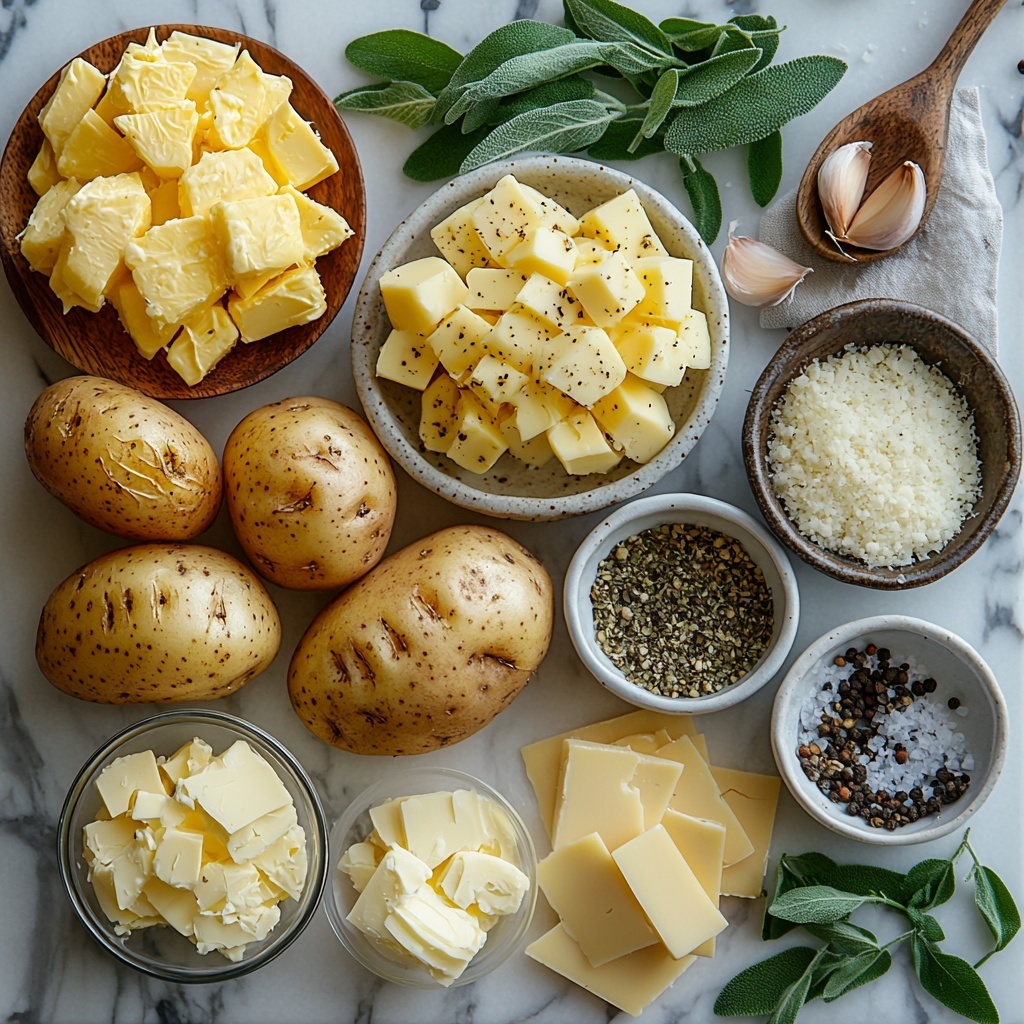 Photorealistic flat lay of main ingredients for Garlic Butter Hasselback Potatoes arranged neatly on a clean white marble surface: six medium Yukon gold and russet potatoes, whole and unpeeled with smooth golden and russet textured skins; small glass bowls holding 3 tablespoons of golden olive oil, 8 tablespoons of creamy unsalted butter softened and slightly melting, and ¼ cup bright green minced chives finely chopped; two garlic cloves, whole and unpeeled along with a small pile of finely minced garlic; fresh sage leaves, deep green with visible veins, laid out beside a sprinkling of tender fresh thyme leaves; small white ceramic spoons filled with 1 teaspoon kosher salt and ½ teaspoon freshly ground black pepper speckled with black and white granules; a stack of cheddar cheese slices, vibrant orange and sliced to ¼-inch thick, next to a small mound of finely grated pale off-white Parmesan cheese. The ingredients are spaced evenly with natural shadows, styled with rustic wooden spoons and a folded linen napkin in soft neutral tones for warmth. The scene is brightly lit with soft natural light highlighting the varied textures and colors, creating an inviting and fresh atmosphere. overhead shot, top down view, flat lay photography, professional food styling --ar 1:1 --q 2 --s 750 --v 6.1